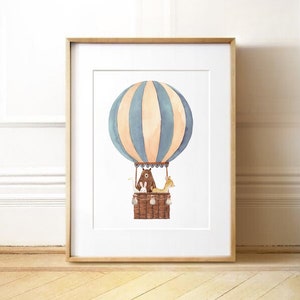 Dibujo de globo aerostático, impresión de arte de pared para habitación infantil, regalo para niño, pintura de animales en globo, decoración de pared azul, ilustración boho