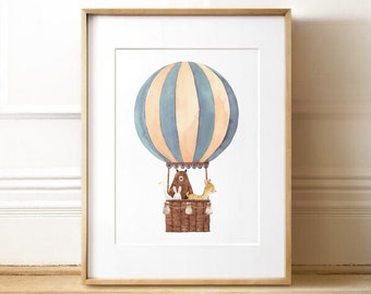 Illustration Tieres in Luftballon, Poster Babyzimmer, Wanddekoration Jungenzimmers, Geschenk Kind, Kinderzimmer bilder, Tiere Kunstdruck