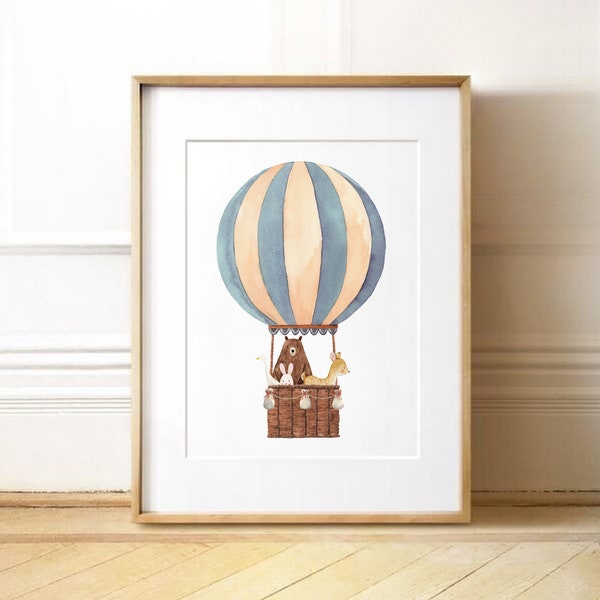 Illustration Tieres in Luftballon, Poster Babyzimmer, Wanddekoration Jungenzimmers, Geschenk Kind, Kinderzimmer bilder, Tiere Kunstdruck