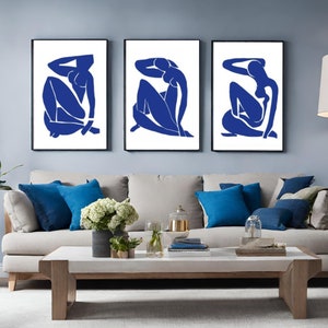 Drei Abstrakte Poster, SET von 3 Kunstdrucke, Henri Matisse kunst, Wandkunst, blaue abstrakte Drucke, abstrakte drucke, Wohnzimmer Bilder Bild 2