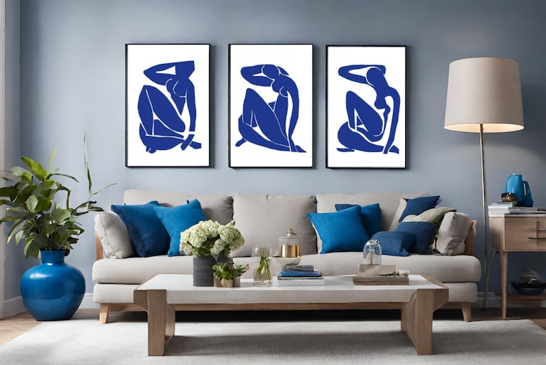 Drei Abstrakte Poster, SET von 3 Kunstdrucke, Henri Matisse kunst, Wandkunst, blaue abstrakte Drucke, abstrakte drucke, Wohnzimmer Bilder Bild 2