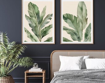 Juego de pósteres botánicos, 2 impresiones de arte de pared, decoración ecológica para el hogar, pintura de acuarela, adorno de habitación, dibujo de hojas tropicales, colgante de pared bohemio