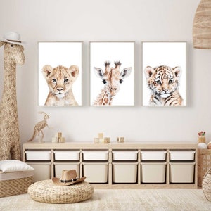 Decoración de pared de safari, impresiones artísticas 3, dibujo de animales salvajes, adorno de habitación infantil, juego de carteles para niños, pinturas de acuarela de león, tigre y jirafa