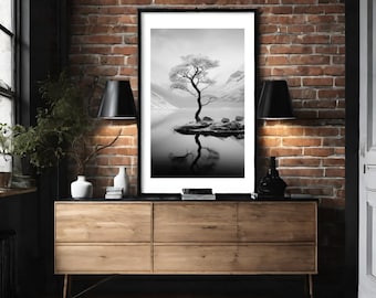 Affiche de l'arbre, affiche de l'arbre solitaire, affiche noir et blanc, photo noir et blanc,