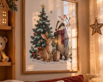 Christmas In The Forest  Illustration,  Nursery Room Decor, Winter Wall Art Print