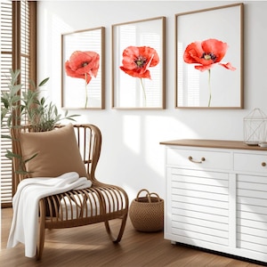 Conjunto de arte de parede com 3 impressões, pinturas de papoulas, desenhos de flores vermelhas, galeria de flores na parede, decoração de primavera para casa, enfeite de quarto, decoração de parede