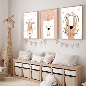 Juego de 3 impresiones de arte de pared, impresiones de arte de pared para guardería, galería de pared beige, ilustración de animales, decoración de habitación de niños, adorno boho, decoración del hogar, regalo para bebé