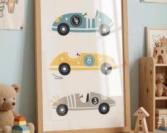 May include: A framed wall art print featuring three vintage-style race cars stacked vertically. The top car is blue with the number 4, the middle car is yellow with the number 8, and the bottom car is gray with the number 3, all on a cream background.
