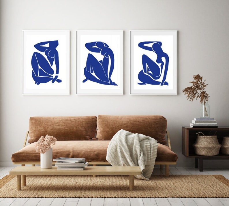 Drei Abstrakte Poster, SET von 3 Kunstdrucke, Henri Matisse kunst, Wandkunst, blaue abstrakte Drucke, abstrakte drucke, Wohnzimmer Bilder Bild 6