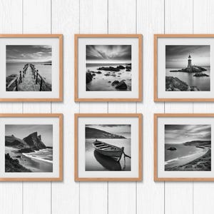 Conjunto de 6 arte de parede, conjunto de fotografias sem moldura, impressões quadradas em preto e branco, arte de parede monocromática, galeria de parede com tema marinho, paisagem de praia