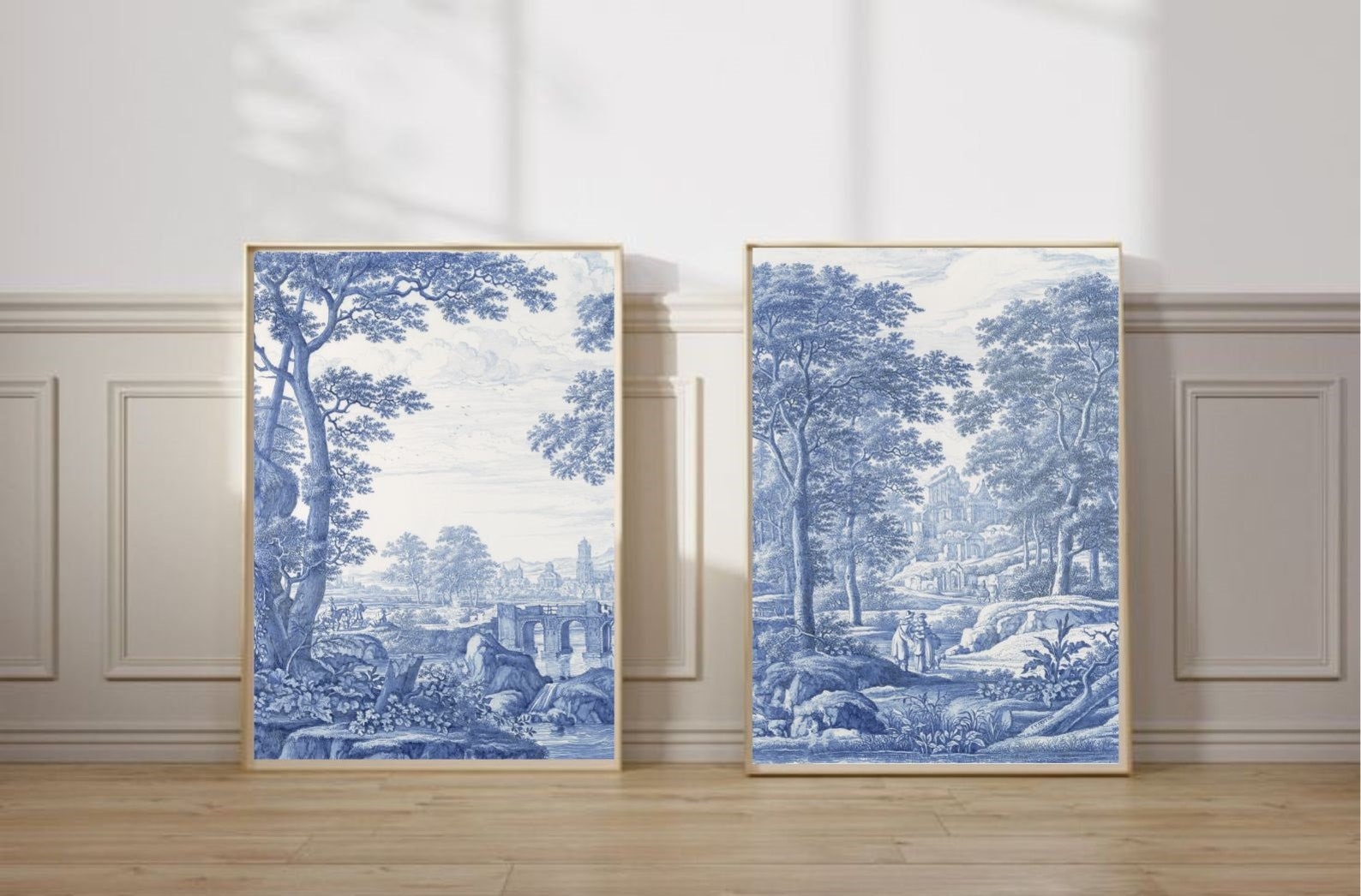 2 Toile De Jouy Wall Art Set, Blue White Wall Decor, Toile Art Prints ...