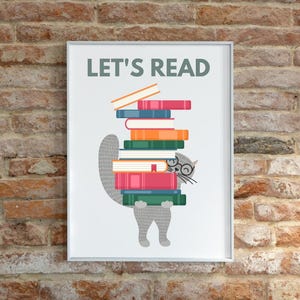 Poster "Let's read", decorazione per la cameretta dei bambini, ornamento Montessori, disegno con animali e libri, regalo per topi di biblioteca, stampa artistica da parete per la cameretta dei bambini, regalo per bambini piccoli