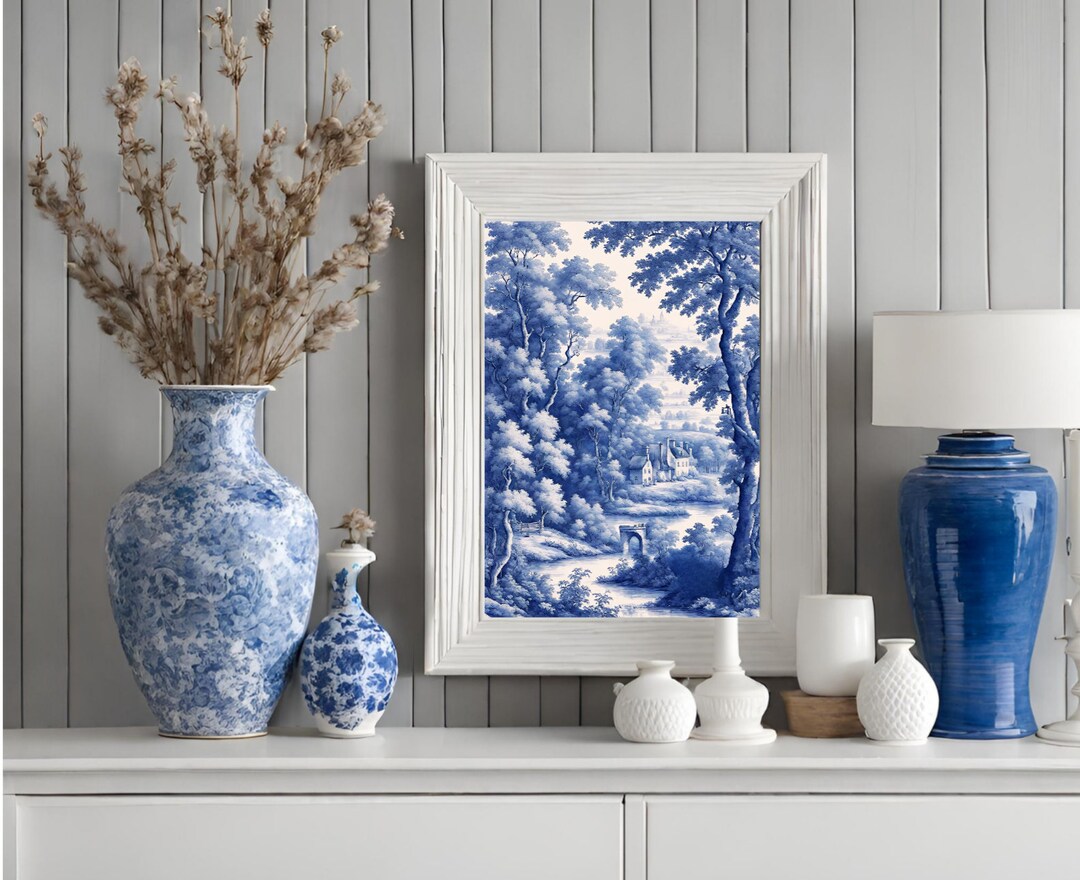Toile De Jouy Wall Art, Blue Vintage Wall Decoration, Chinoiserie ...
