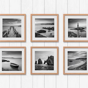 Set di arte da parete di 6, set di foto in bianco e nero, stampe in stile costiero, galleria domestica, decorazione murale grigia, foto di paesaggi marini, foto senza cornice
