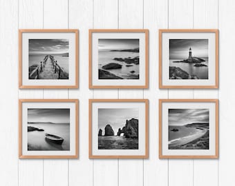Juego de 6 cuadros de arte de pared, conjunto de fotos en blanco y negro, impresiones de estilo costero, galería del hogar, decoración de pared gris, foto de paisaje marino, foto sin marco