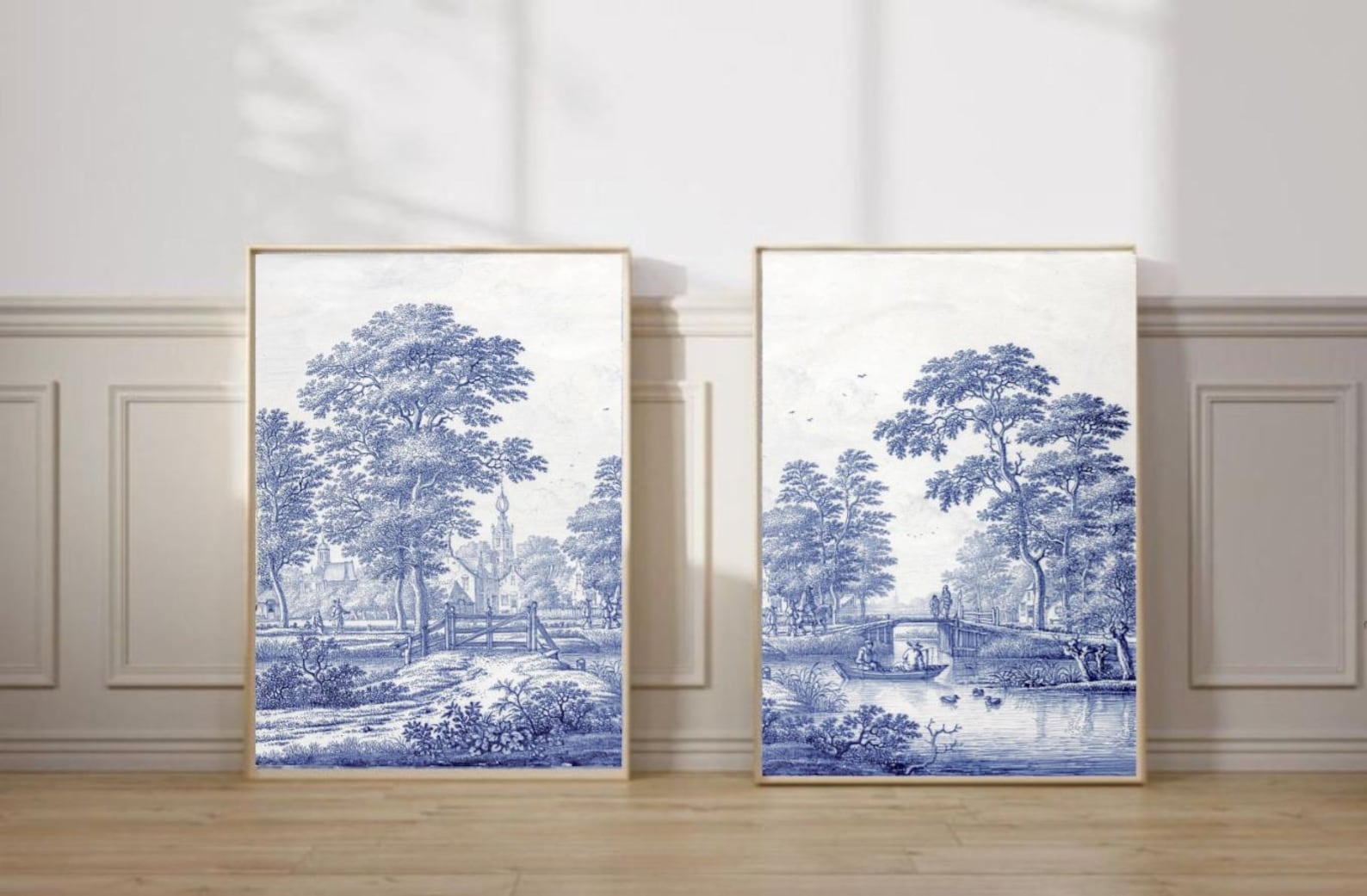 2 Toile De Jouy Wall Art Set, Blue White Wall Decor, Toile Art Prints ...