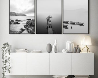 Conjunto de 3 impresiones artísticas, galería de carteles, fotografía en blanco y negro, galería de fotos en tonos grises, arte mural costero, decoración de habitación, imagen de paisaje marino