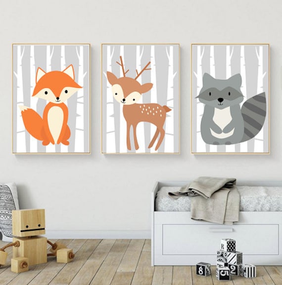 Woodland Animals Nursery Wall Art Prints Kids Room Forest Friends Child Print Baby