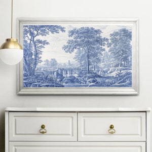 Toile de Jouy-muurkunstafdruk, blauw interieur, grote horizontale wanddecoratie, landschapstekening landschap, kamerornament, oude Franse schilderkunst