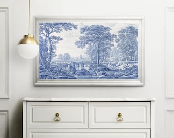 Toile de Jouy wall art print, blue home decor, large horizontal wall hanging, country landscape drawing, room ornament, old french painting