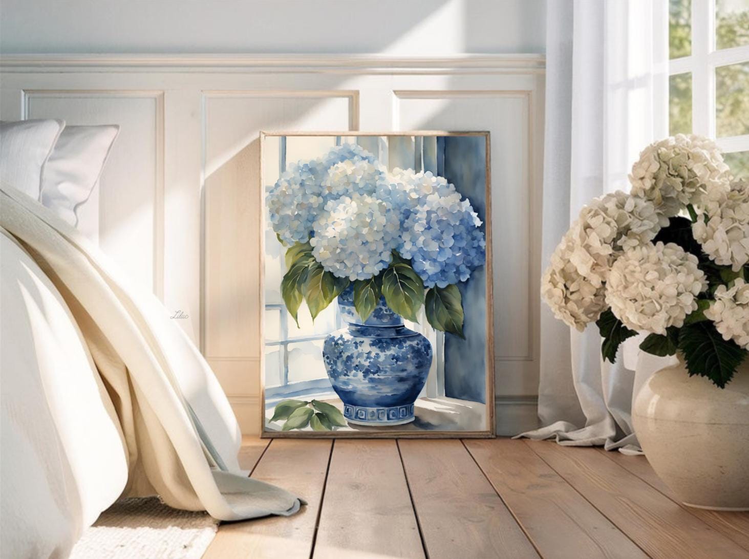 hydrangea art print, blue flower drawing, home decor, gift mother day, farmhouse wall art, Hamptons room ornament, watercolor painting