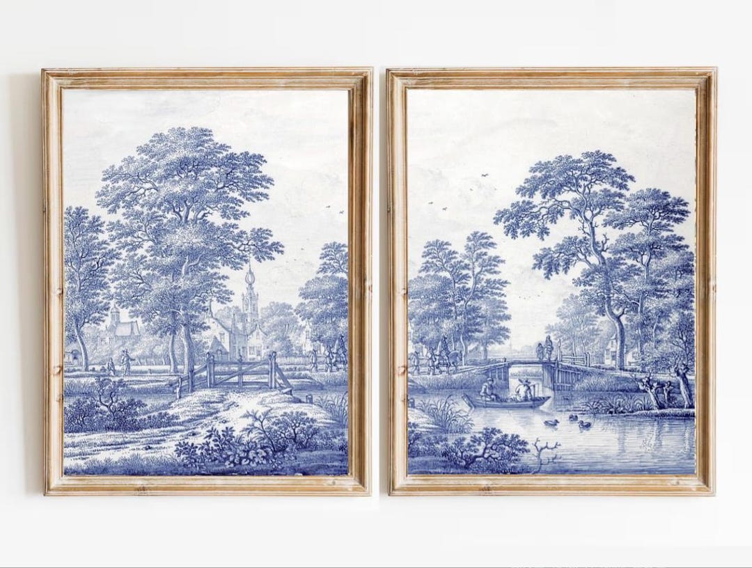 2 Toile De Jouy Wall Art Set, Blue White Wall Decor, Toile Art Prints ...