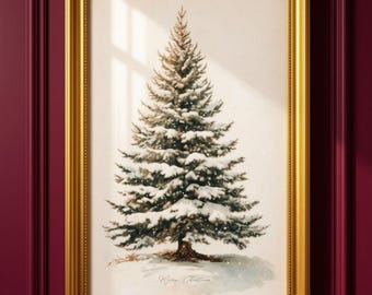 May include: A framed wall art print featuring a watercolor illustration of a snow-covered evergreen tree. The artwork is encased in a gold-toned frame and includes the handwritten text Merry Christmas at the bottom of the white background.