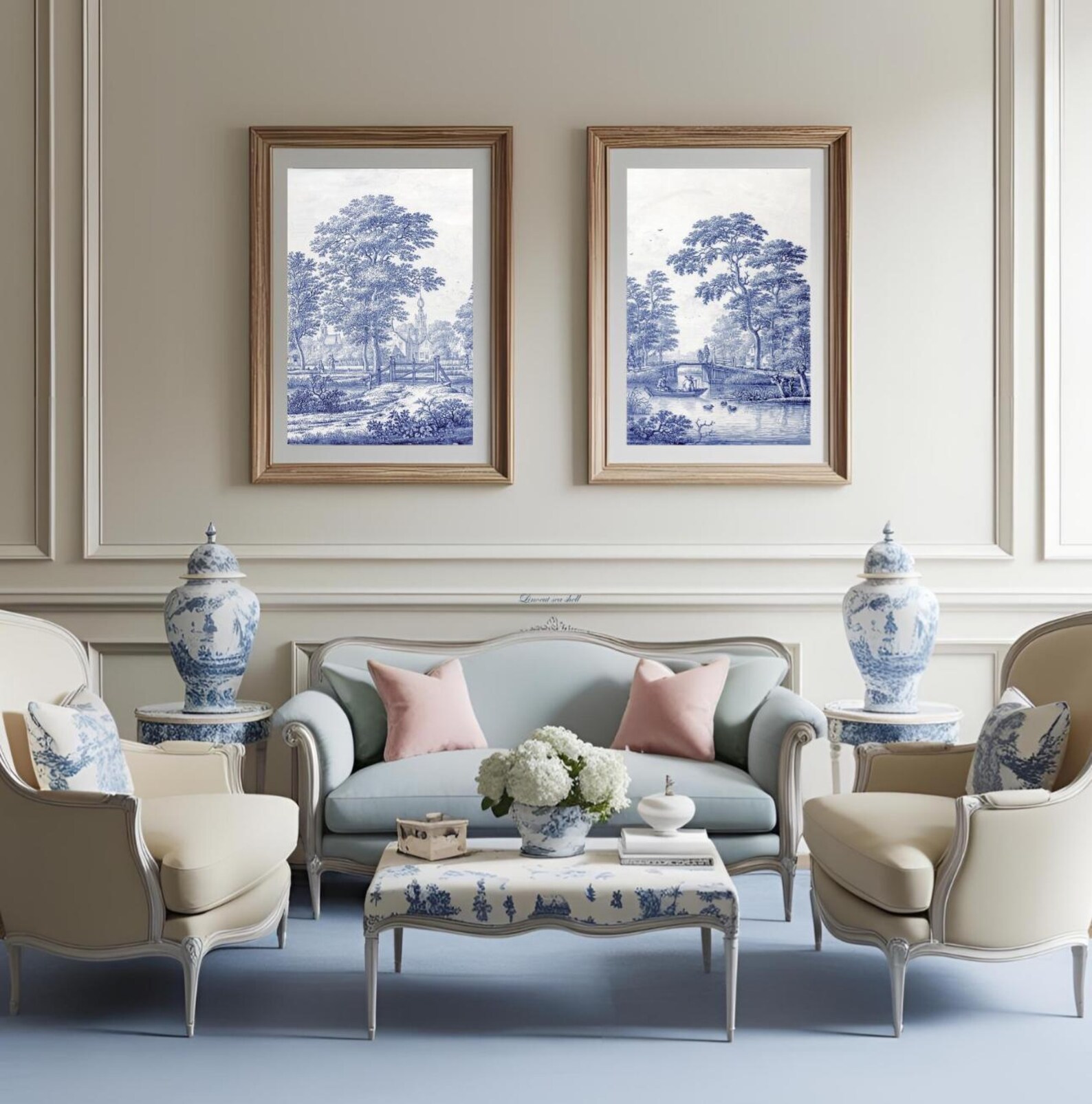 2 Toile De Jouy Wall Art Set, Blue White Wall Decor, Toile Art Prints
