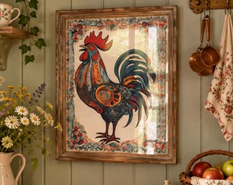 May include: A rectangular framed wall art piece featuring a vibrant, multi-colored rooster illustration with intricate patterns. The rooster has a red comb, blue neck, and a body filled with orange, yellow, and teal designs, set against a white background.