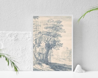 Tree drawing, patina blue wall art print, japandi home decoration, vintage painting, country landscape, room ornament, cottagecore decor
