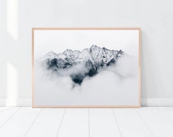 mountains landscape photography, large horizontal poster, wall art print, room decor, cabin ornament, foggy mountain, Alps photo, home decor