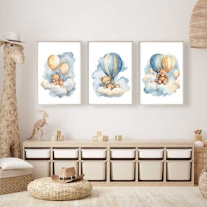 3 carteles para habitación de niño, galería de pared, habitación de regalo para niño, dibujo de osito de peluche, decoración de guardería de animales, ilustraciones de ositos de peluche beige y azules