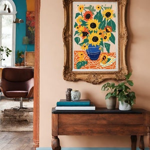 Dibujo de girasoles, impresión de arte de pared con flores, decoración moderna del hogar, póster de flores en jarrón, pintura colorida, adorno de habitación ecléctico, van gogh