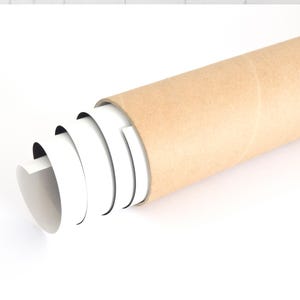Puede incluir: Un rollo de impresi&oacute;n blanca emerge de un tubo de cart&oacute;n marr&oacute;n. El tubo cil&iacute;ndrico se encuentra en diagonal sobre una superficie blanca. La impresi&oacute;n blanca es parcialmente visible, lo que sugiere un p&oacute;ster o una obra de arte.