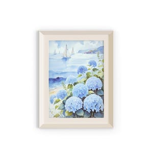 hortensia kunst aan de muur, zeilboten tekenen, blauwe bloem schilderij, woondecoratie, aquarel wanddecoratie, kamerornament, cadeau housewarming