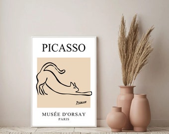 Exhibition poster, picasso cat drawing, picasso art print, gift for cat lover,  cat drawing, home decor, beige room ornament, wall hanging