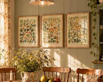 May include: Three framed botanical prints featuring colorful illustrations of various fruits and vegetables hanging on a light green paneled wall above a wooden dining table with a floral pitcher, a bowl of fruit, and a lit candle.