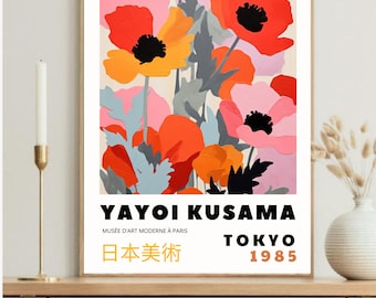 Lámina de pradera de flores de Yayoi Kusama, ilustración floral abstracta en acuarela, póster de pintura japonesa