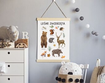 Póster de animales del bosque, póster educativo, póster Montessori, animales del bosque, impresión artística para pared de sala de juegos, decoración de pared para guardería con temática de bosque.