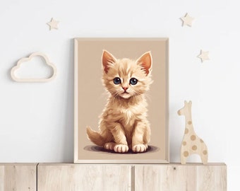 obrazek dziecięcy z słodkim kotkiem, plakat pokój dziecka, prezent dla dziewczynki, beżowa dekoracja , plakat dla dziewczynki, rudy kociak
