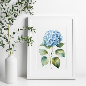 stampa artistica di ortensia ad acquerello, dipinto di fiori blu, arredamento per la casa, disegno floreale, arazzo da parete in stile fattoria, ornamento per la stanza, regalo per inaugurazione della casa