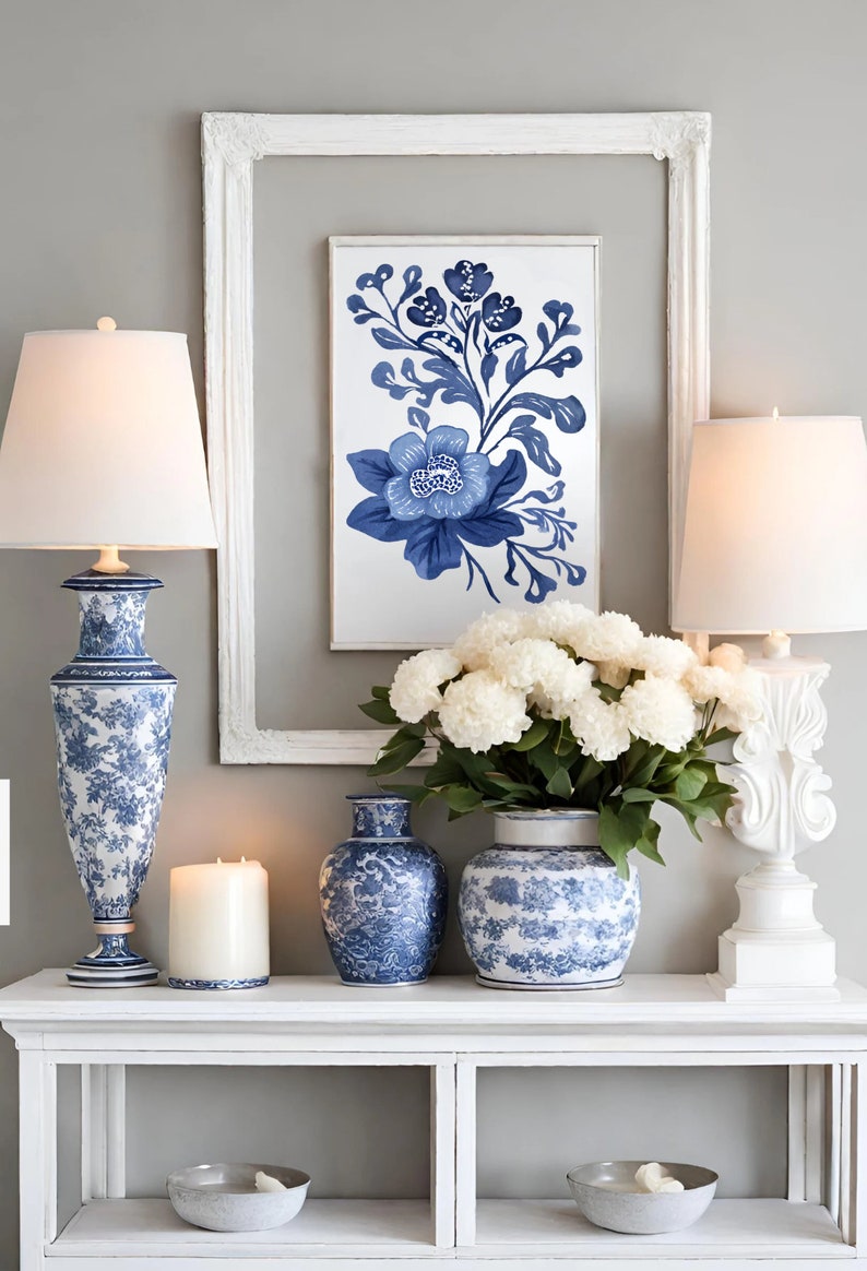 Wall Art Set of 6, Blue Flowers Drawings, Home Decor, Chinoiserie