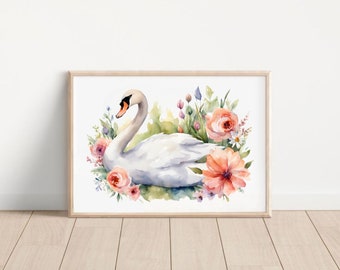 Swan illustration, watercolor decoration, wall art print, gift for a child, horizontal poster for kids room, gift baby girl, nursery ornamen