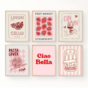 Conjunto de 6 impresiones de arte de pared, imágenes rosas, galería del hogar, decoración de cocina moderna, adorno de habitación rojo, colgante de pared de verano, conjunto de carteles de comida