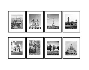 8 Paris photos, wall art set, monochrome photography set, wall gallery black and white, artprints Paris, home decor, room ornament