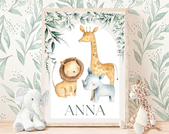 affiche chambre bebe, tableau safari chambre enfant, art mural avec le nom de l'enfant, cadeau de naissance bébé, cadeau personnalisé