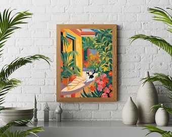マティスのポスター、白黒の猫のプリント、テラスのアートウォールの猫、サントロペの絵画、家の装飾、部屋の装飾、折衷的なカラフルな絵