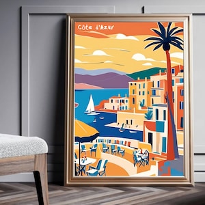 Decoración de pared colorida, póster de la Costa Azul, impresión de ilustración de la Riviera Francesa, póster de viaje de Francia, regalo de la costa azul, impresión artística, decoración del hogar