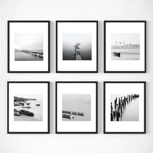 Wall art set of 6, black and white photo set, coastal style prints, home gallery, gray wall decoration, sea landscape photo, unframed photo