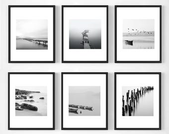 Wall art set of 6, black and white photo set, coastal style prints, home gallery, gray wall decoration, sea landscape photo, unframed photo